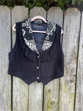 VTG New Identity Suede Leather Fringe Vest Tapestry Southwestern Cowboy Large L